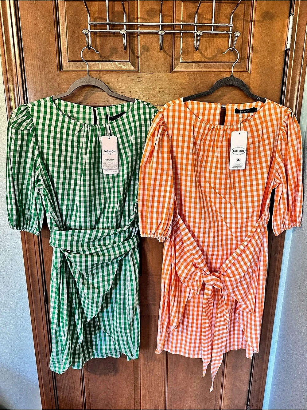 Amazon Gingham Mini Dresses Green & Orange XL NWT